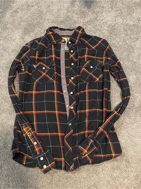 Fox Men's Black Plaid Button-Down Shirt with Red & Yellow Accents